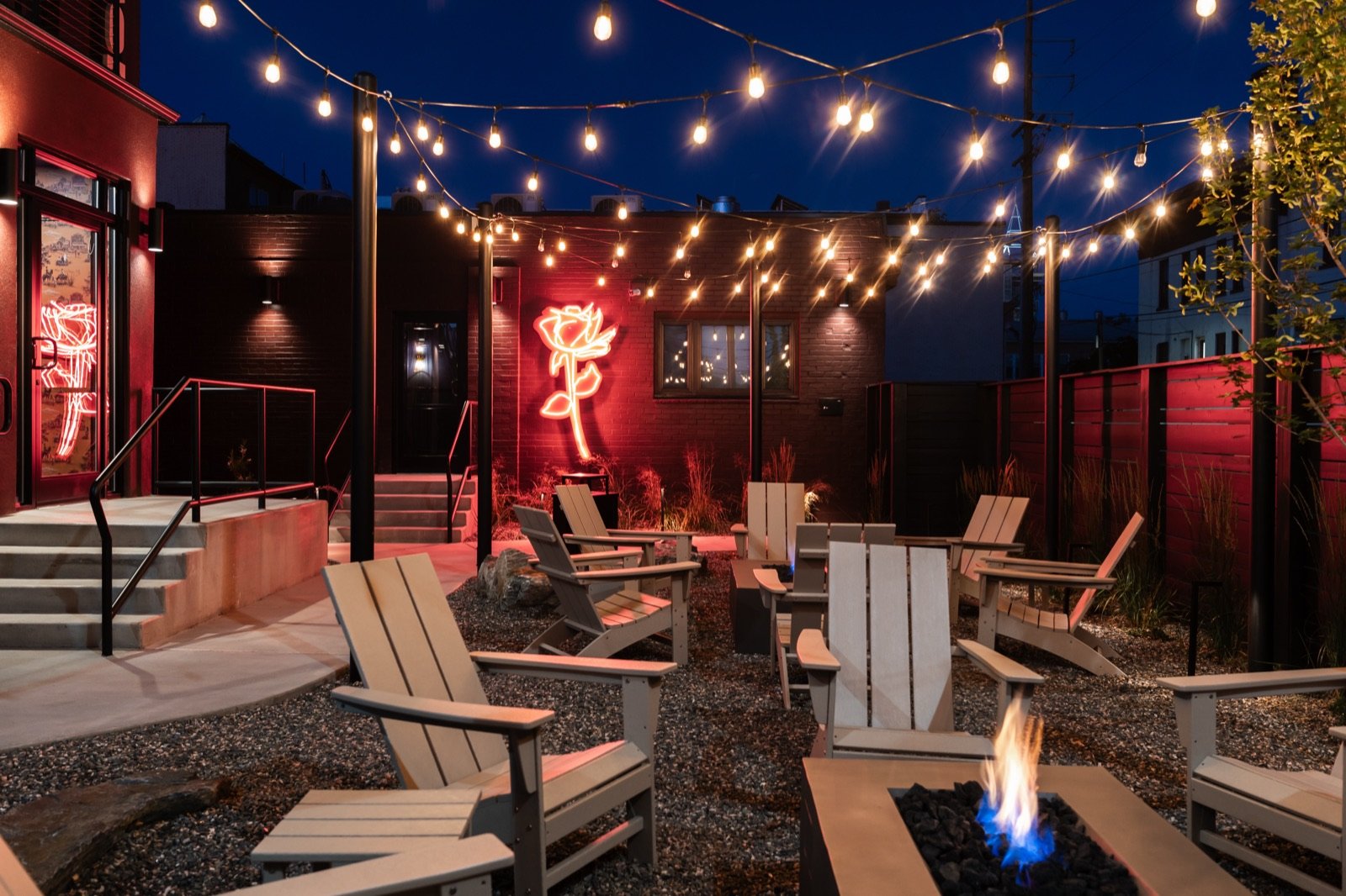 The hotel courtyard at night