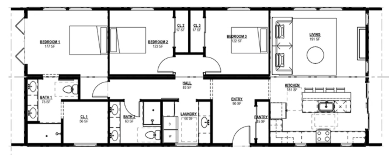 The Ranch floor plan — 3 Bedrooms, 2 Baths, Kitchen, Living, Laundry