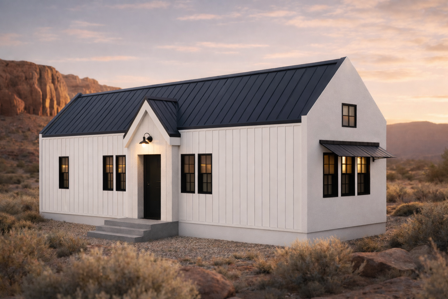 The Cottage — exterior dusk view