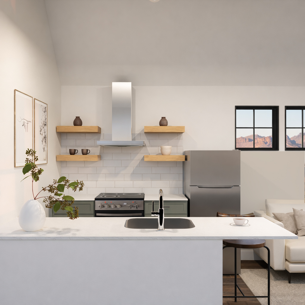 The Cottage — kitchen and living